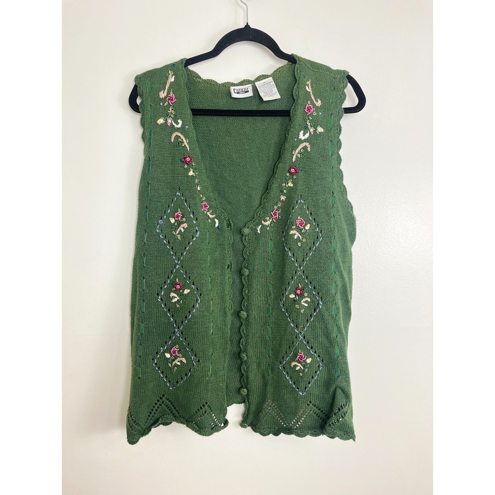 Vintage Cottagecore Floral Embroidered Knit Vest Womens 1X Green Beaded Scallop